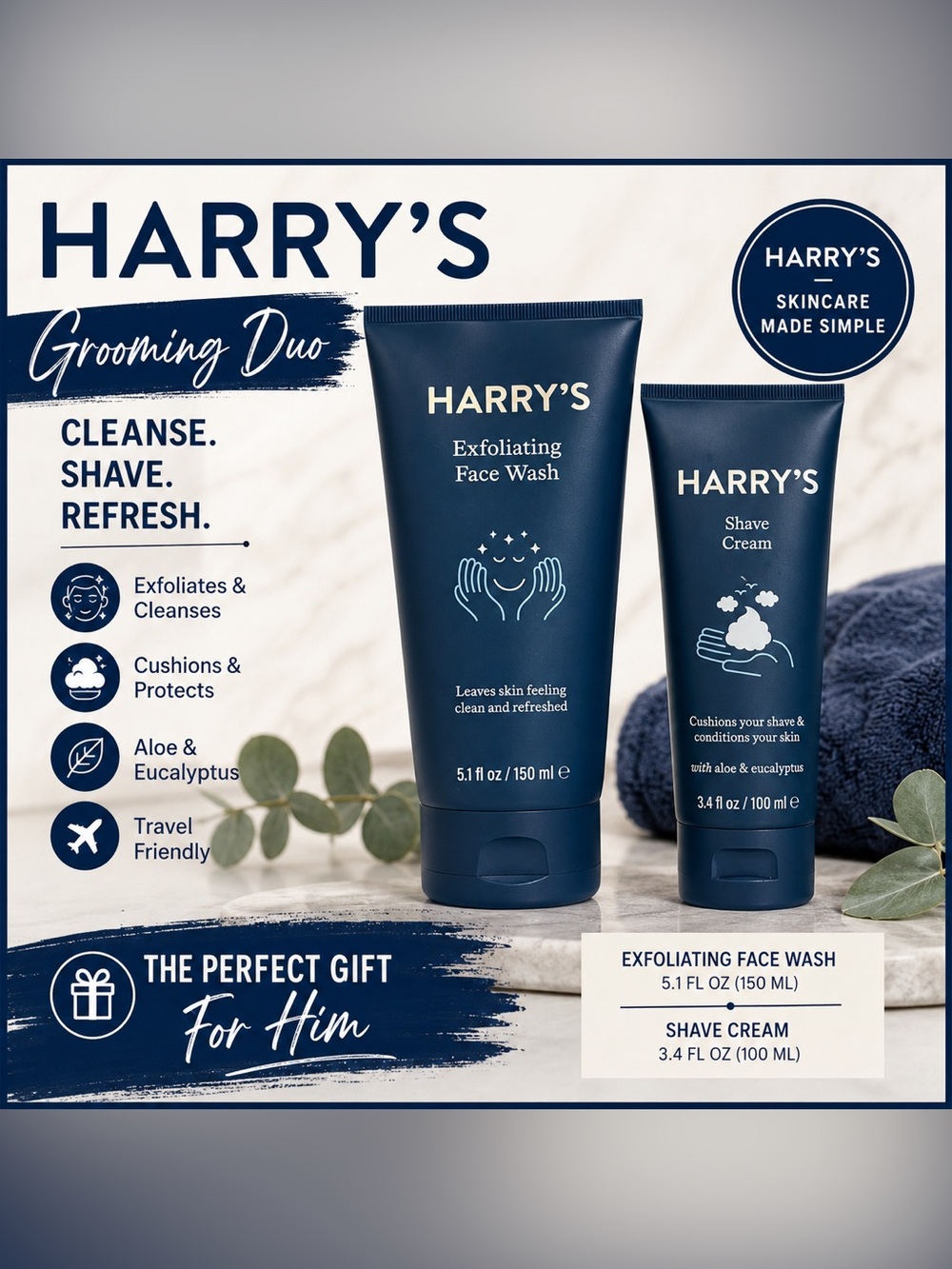 Harry’s Men’s Grooming Set Exfoliating Face Wash 5.1 oz + Shave Cream 3.4 oz NEW